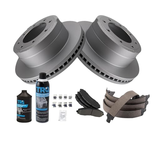 Image of TRQ Rear Brake Pad & Rotor Kit, with Chemical Kit Parking Brake Shoe Set Ceramic Premium G-Coated Compatible with 2013-2021 Ford F-250 Super Duty F-350 Super Duty