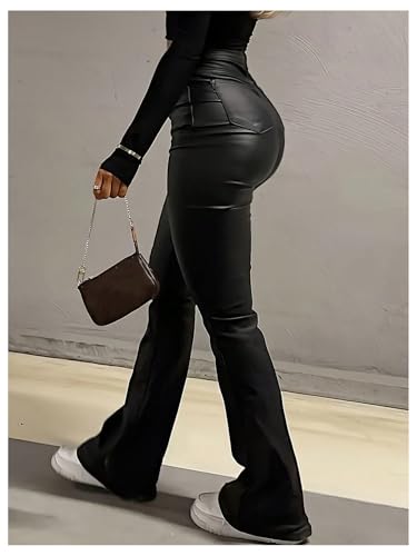 WDIRARA Women's PU Leather High Waisted Bell Bottom Flare Pants Party Club Streetwear2