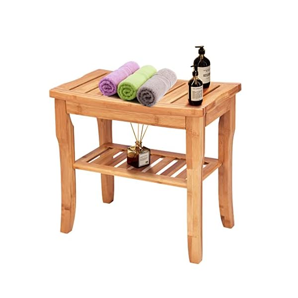 RELAX4LIFE Duschbank Bambus, Badhocker mit Ablage, Sitzhocker Duschhocker Wasserabweisend, Sitzbank Bad mit Rutschfesten Füßen, Mehrzweckhocker, Badezimmerhocker, 48,5 x 27 x 45 cm, Natur