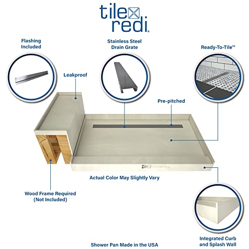 Tile Redi RT3048L-BN3-RB30-KIT Shower Pan and Bench with Left Drain- Single Curb Shower Base, Bench, 2\" PVC Drain, and Grate Included, 60\" Width x 30\" Depth - Thumbnail 2