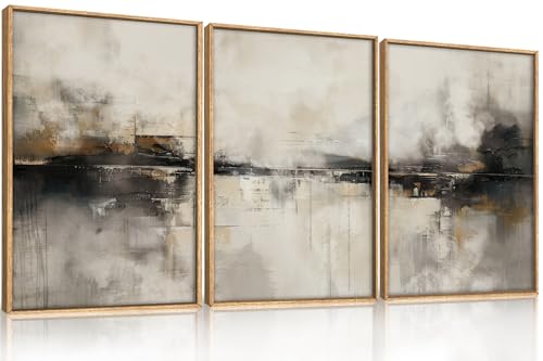 HOURIA Large Abstract Neutral Beige & Black Framed Canvas Wall