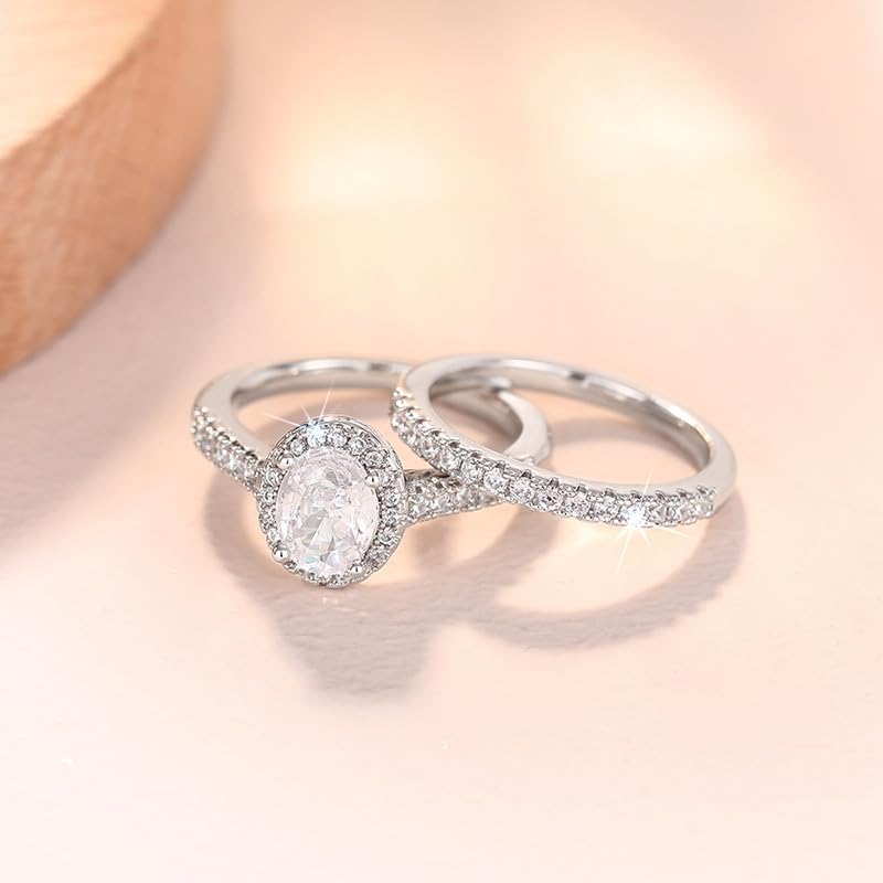 Oval Cut CZ Halo Bridal Rings Sets CZ Engagement Ring for Women Sterling Silver Plated Wedding Bands Cubic Zirconia Simulated Diamond Anniversary Promise Eternity Ring Jewelry Gift for Her - Image 3