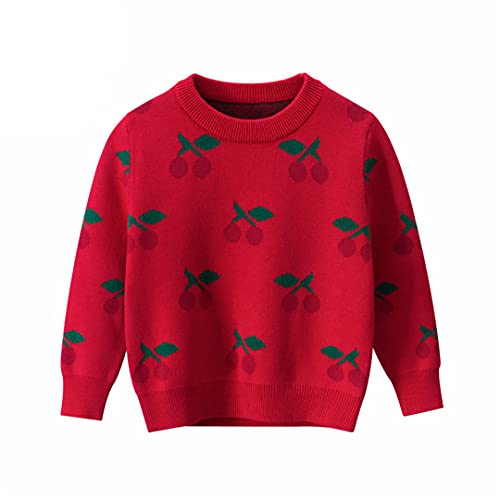 Child Girl Winter Cherry Pattern Knitted Sweater O-Neck Knit Jacket2