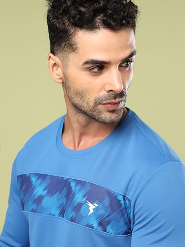 Image of TECHNOSPORT Men Polyester Self Design Chest Print Slim Fit Long Sleeve T-Shirt for Gym, Workout and Regular Use with SPF50+