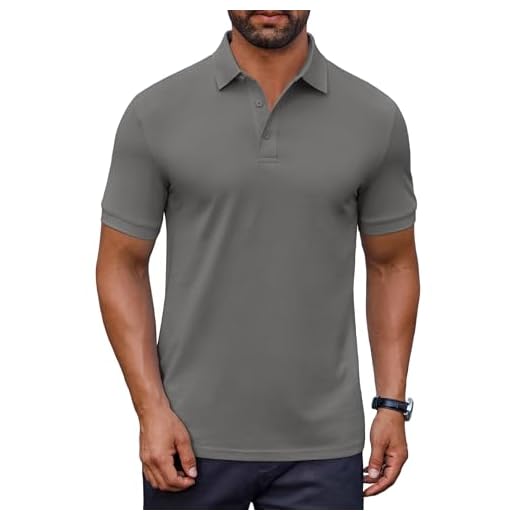 COOFANDY Camisa polo masculina de algodão piquê manga curta camiseta básica casual gola, Cinza escuro, M