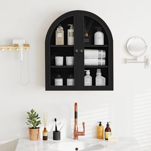 Armadietto da parete con ante in vetro, ripiano regolabile, design ad arco, per bagno, cucina, soggiorno