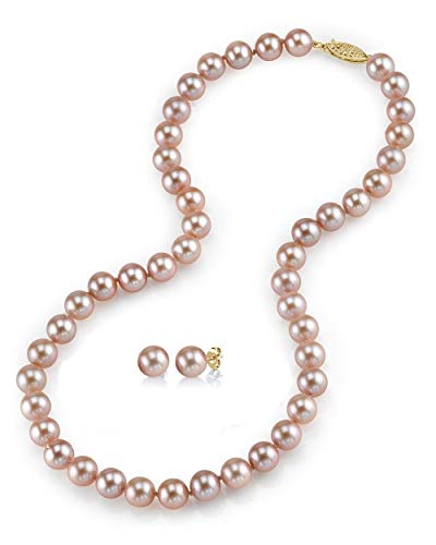 THE PEARL SOURCE 14K Gold 7-8mm Round Pink Freshwater Cultured Pearl Necklace & Earrings Set in 18