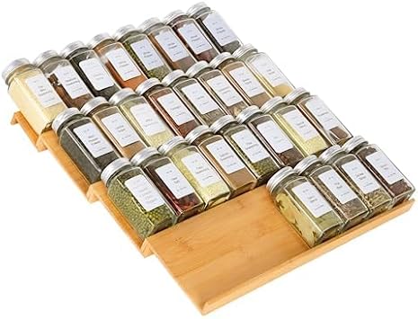 Bamboo Spice Drawer Organiser 4 Tier Spice Organiser for Cupboard Drawer Counter Top Kitchen Seasoning Storage 37cm Wide x 40.1cm Deep (Holds Up to 32 Jars