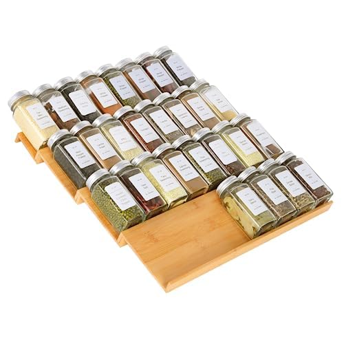 Spice Drawer Organzier,4 Tiers Bamboo Spice Rack Tray Insert for Cabinet Drawer Countertop, Kitchen Seasoning Storage Drawer Organization,14.57" Wide x 15.8" Deep ?Hold UP To 32 Jars