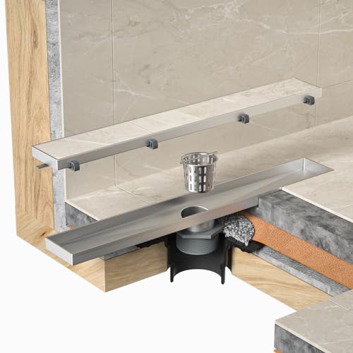 Image of Linear Shower Drain 36 inch Brushed 304 Stainless Steel | Fast Drainage | Tile Inserted | Stainless Floor Drain Grate | Hair Strainer | Drain Key | The Upgrade for Your Bathroom
