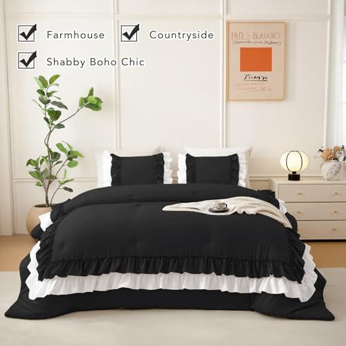 Image of QSH 3PCs Black White Shabby Boho Chic Ruffled Bedding Comforter Queen Size,Farmhouse Vintage Rustic Ruffle Comforter Set Queen Ultral Soft Microfiber Lightweight Fluffy Comforter Set with Pillowcases