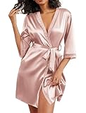 Ekouaer Women's Satin Robes 3/4 Sleeve Silk Robes Short Kimono Sexy Bride Bathrobes Lace Trim Loungewear with Pockets