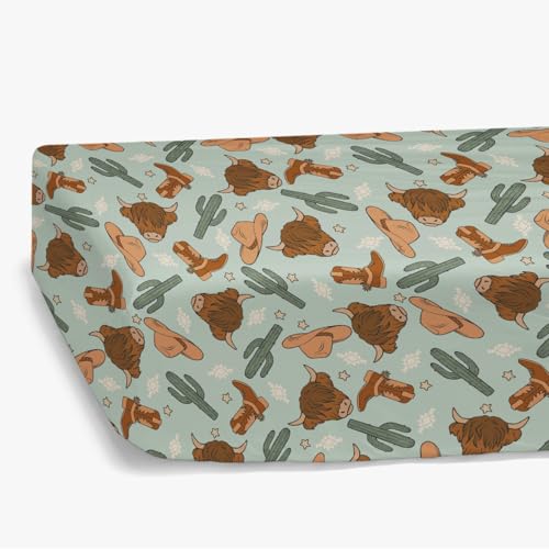 Image of HawSkgFub Teal Blue Highland Cow Cactus Fitted Standard Crib Sheet for Baby Boy, Boho Western Cowboy Boot Hat Star Toddler Mattress Cover, Soft Stretchy Nursery Bed Sheets Decor Kids Gift 52" x 28"