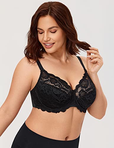 Calvena Women's Lace Bra Full Coverage Non Padded Underwired Unlined Plus Size Bra For Everyday Comfort Black 36G #TOP4