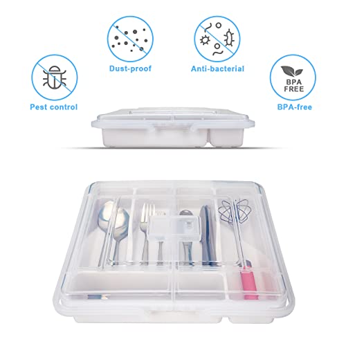 Yicochi Portable Utensil Holder For Countertop With Lid & Handle, Plastic Silverware Tray For Drawer Flatware Organizer, White #TOP3
