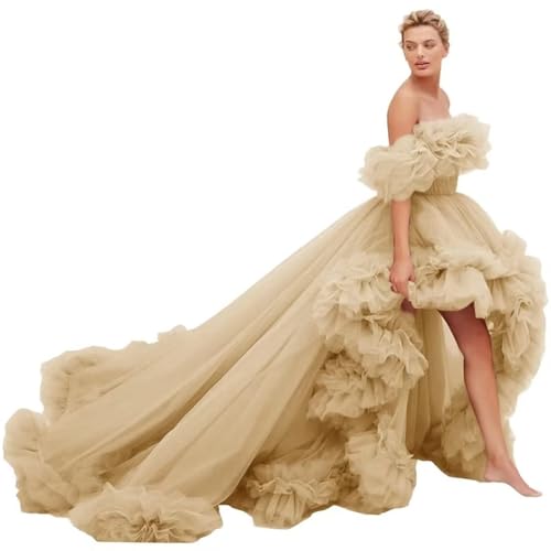 High Low Champagne Prom Dress for Women Poofy Tulle Formal Long Ball Gown 2026 Ruffles Off Shoulder Quinceanera Dresses with Train