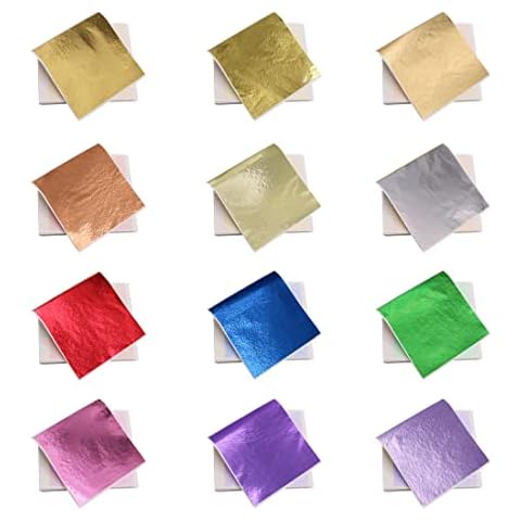 KINNO 12 Colors Imitation Gold Leaf Sheets Multi-Color Gold Leaf Paper - 600 Pieces for Arts Decoration, DIY Crafts, Furniture, Nails, Paintings 3.15 by 3.35 Inches Cover