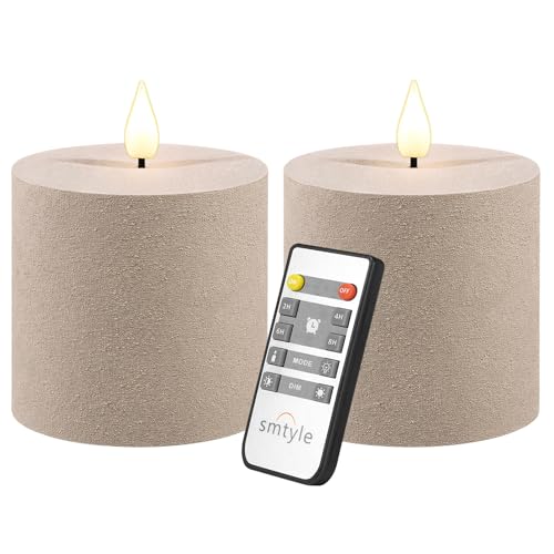 smtyle 3x3 inch Flicking Flameless Taupe Sand Finish Textured LED Pillar Fake Minimalist Battery Operated Candles with Remote for Living Room Bedroom Table Decor