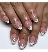 24Pcs French Tip Press on Nails Short Length Gold Line Fake Nails Almond Shape Full Cover White F...