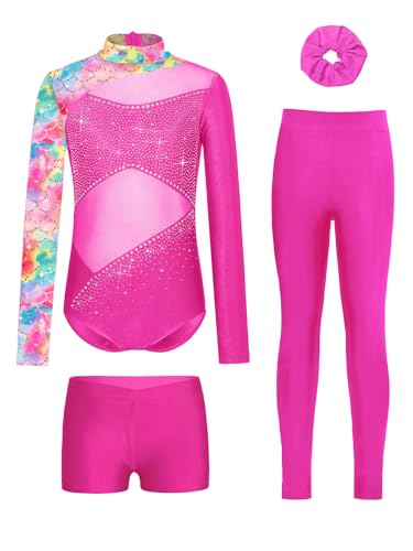 Monduelle Piezas Traje Gimnasia Niñas Con Brillo Estampado Flores Trikot Manga Larga Traje Patinaje Artístico Body Completo Rosa oscuro 5-6 años