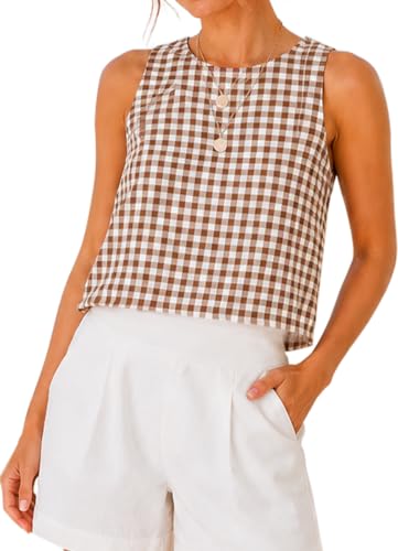 Brown S Gingham Tank Top Women Sleeveless Casual Summer Plaid Top Vintage