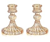 2 Pack Glass Taper Candlestick Holders, Gold Candlestick Holders, 4' H Stripe Crystal Candle Holders Decorative Candle Stand Centerpiece for Wedding, Festival, Dinning Party Table Decor