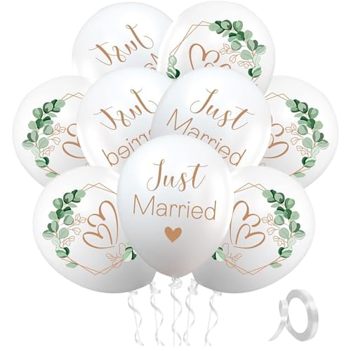Lot de 32 ballons de mariage de 30,5 cm, ballons Just Married, cœurs en eucalyptus, blancs pour...