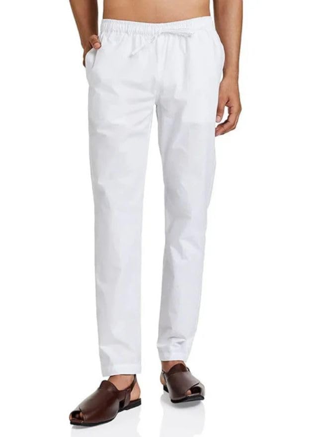 Men Cotton Pajama Pants White – Loose Fit Soft Breathable Nightwear Lounge Trousers for Men-image-0