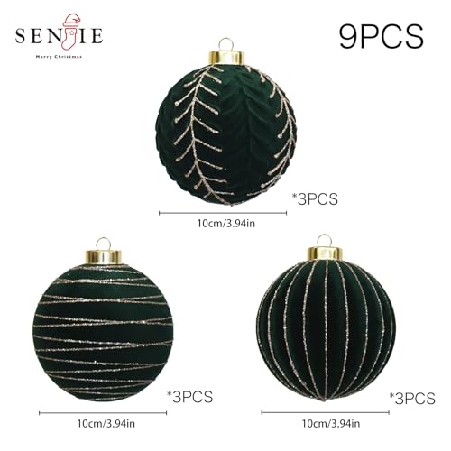Image of 4inch Velvet Ornaments for Christmas Tree, 9PCS Glitter Flocked Christmas Ornaments Decorations Balls Set Decor Green