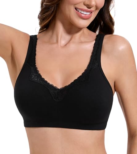 HACI Women's Comfort Cotton Bra Plus Size Everyday Non Padded Wirefree Lace Floral(Black,36C)