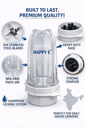 Image of HAPPY E Premium Transparent Bullet Jars | BPA-Free Heavy Duty Polycarbonate | Leakproof | 304 SS Blades | Fits 2-Lock Mixer Grinders (4 Teeth Coupler) - Prestige, Bajaj, Preethi, Sumeet (500+300 ml)