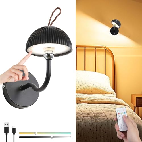 LED Lampada da parete Interni Ricaricabile con Telecomando 4000mAh Applique da Parete Senza Fili, Touch dimmerabile, 360° Ruotabile , Lampada da Lettura Magnetica per camera da letto corridoio, Nero