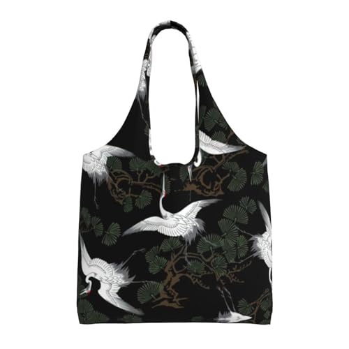 Hingor Bolsas de lona con estampado de grúa y pino japonés para mujer, bolsa de hombro grande, bolsa de lona casual, bolsa de compras para escuela, trabajo, compras, viajes, uso diario