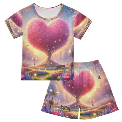 Heart Tree Park Valentines Pajama Set Short Sleeve Pajamas Shorts Sets Cotton PJS 2 Piece Clothes Set 5Y