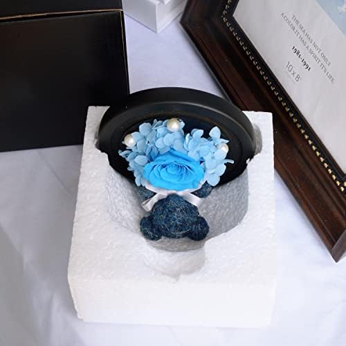 Preserved Real Rose Flower in Glass Heart Figurines with Cute Fake Bear Gifts for Her, Preserved Flowers Valentine's Day Birthday Anniversary Wedding Gifts for Mom, Women, Girlfriend KT2001 (Blue)