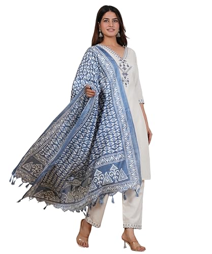 ANUYA Womens Embroidered Kurta with this handloom cotton flex kurta pant and khadi silk Dupatta set (US, Alpha, Medium, Regular, Regular, Standard, Off White)