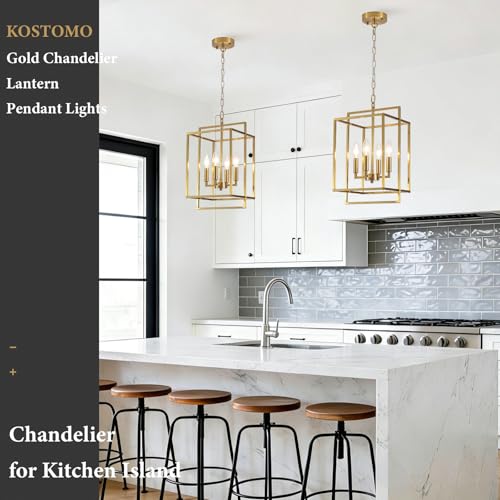 KOSTOMO Gold Chandelier Dining Room Light Fixture Lantern Chandeliers Iron Farmhouse Pendant Light Rustic Rectangle Adjustable Height Modern Kitchen Light for Living Room Entryway by KOSTOMO - Used condition - Image 2