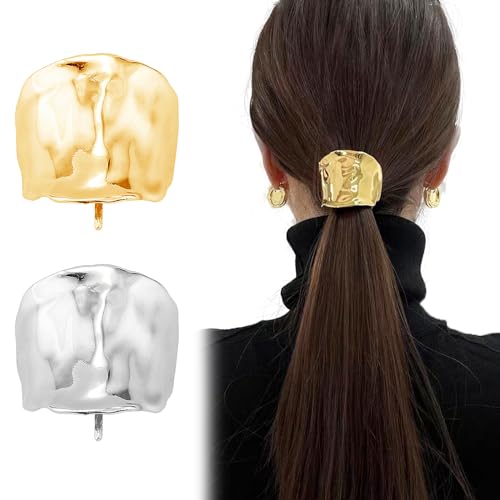 Ainvhh 2 Pcs Ponytail Holder Hair Clips 1.96Inch Metal High Ponytail Cuff Hair Barrettes Decorative Strong Hold French Fine Hair Jaw Clips Accessories for Women Girl (Gold Silver)