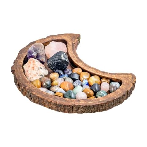 Mie Creations Moon Tray Crystal Holder Rustic Wood 10.5'', Decorative Crescent Moon Tray for Essential Oils, Jewelry Display Organizer, Stones | Vintage Wooden Vanity Tray, Celestial Decor Cover