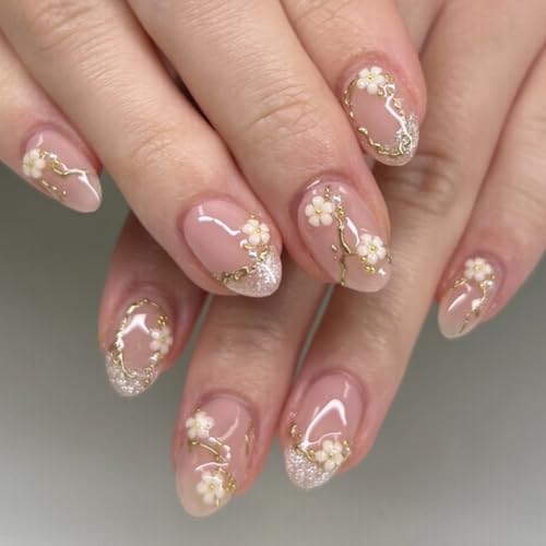 XZMeiLun French Gold Pearl White Flower Press on Nails, Short Round Acrylic Fake Nails Design, Natural Reusable Nails Kit for Women DIY False Nail Art Decoration Gift, Salon Quality Reusable 24 Pcs
