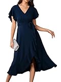 Womens Wedding Guest Midi Dress Flutter Sleeve V Neck Wrap High Low Bridesmaid Cocktail Formal Dresses for Women Navy Blue