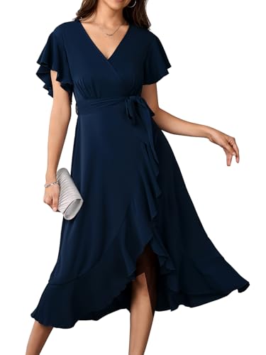 Womens Wedding Guest Midi Dress Flutter Sleeve V Neck Wrap High Low Bridesmaid Cocktail Formal Dresses for Women