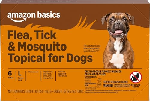 Amazon Basics Preventative Flea, Tick & Mosquito Topical Treatment for Large Dogs (21-55 pounds), 6 Count, Packaging May Vary