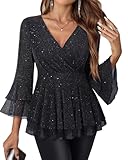 Lotusmile Blouses for Women Dressy Casual: 3/4 Sleeve Sparkly Tops for Work Peplum Shirts - Womens Fall Fashion 2025 - Wrap Deep V Neck Black Glitter Blouse Party Date Night Holiday Outfits