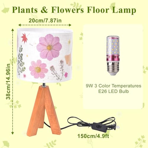 Floresita Dried Flowers Tripod Table Lamp 14.96in, 9W LED 3-Color Cute Bedside Lamp with Flowers Linen Lampshade for Nursery, Bedroom, Kid Room, Living Room, Light Brown Wooden Base by Floresita - Used condition - Image 6