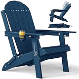YEFU Folding Adirondack Chair for Outdoor: Plastic Foldable Fire Pit Chair with Cup Holders & Adjustable Backrest - Sturdy All-Weather HDPE for Outside Patio Poolside - Easy Assembly(Navy Blue)