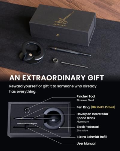 Image of novium Hoverpen Interstellar - Space Black, Ballpoint Pen, 18K Gold-plated Pen Ring, 23.5 Degree Angle, Schmidt Ballpoint Refill, No Spills, No Spotting, No Explosions