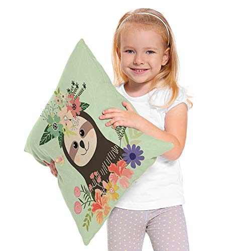 Moslion Throw Pillow Cover Sloth 18X18 Inch Cute Cartoon Animal Botanical Art Flower Nature Smile Summer Wild Square Pillow Case Cushion Cover For Home Car Decorative Cotton Linen #TOP1