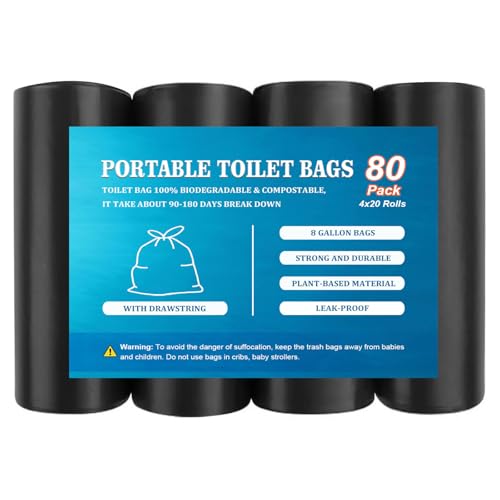 Image of 80PCS 8 Gallon Portable Toilet Bags with Drawstring, Biodegradable Porta Potty Bags - 8 Gal Waste Bags Fit for 5 Gallon Bucket, Camping Poop Bag