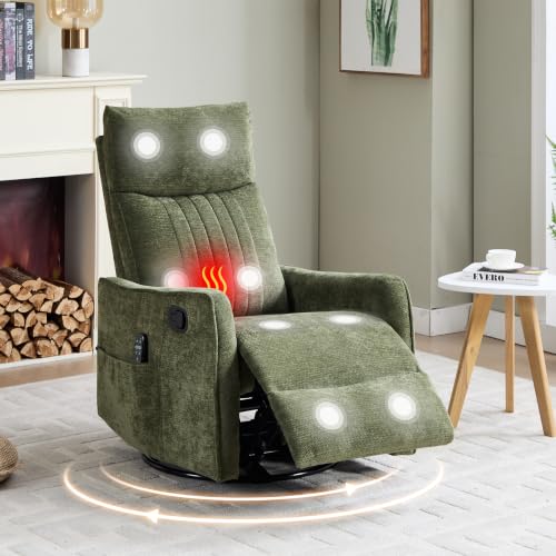 Manual Swivel Rocker Recliner Chair for Adults, Overstuffed Reclining Glider Chair for Nursing with Vibration Massage & Heat, Living Room Rocking Recliner 2-Stage backrest, Chenille Fabric Green
